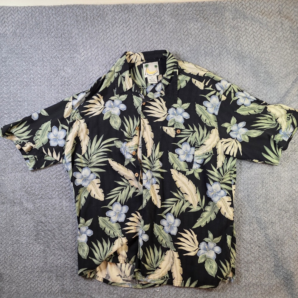 Banana‎ Cabana Hawaiian Shirt Mens XXL 100% Silk Black Floral Aloha Short Sleeve
